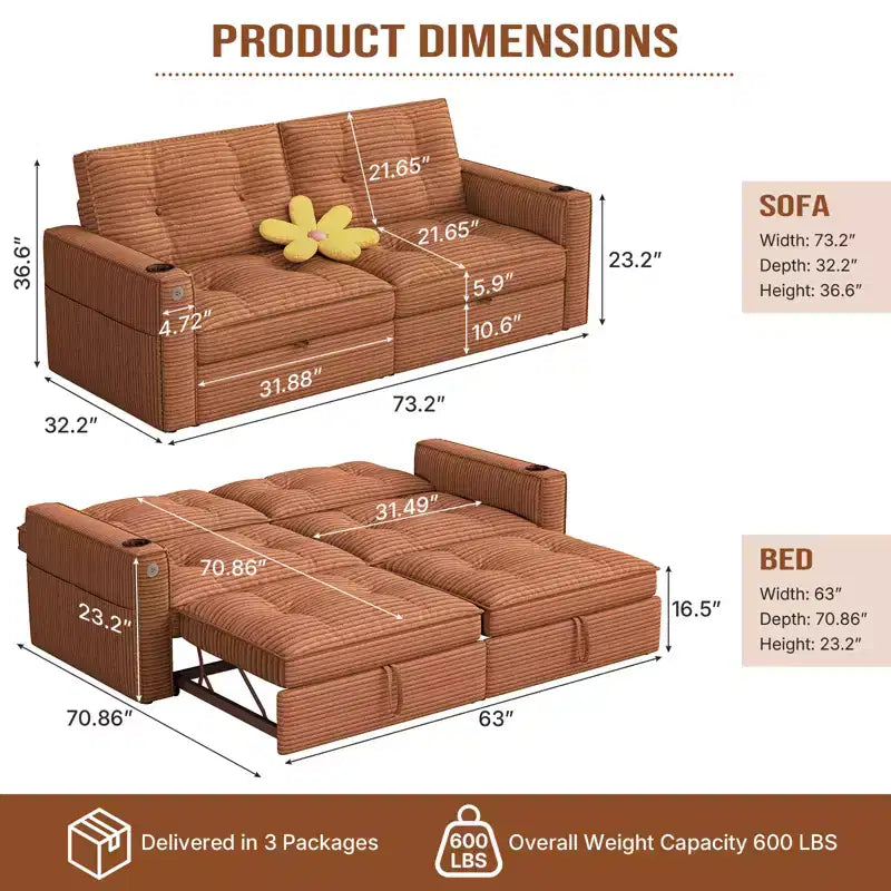 MooxvMoo 73 Canapé-lit convertible Queen Size avec couchage escamotable, poches et port USB, petit canapé 2 places moderne pour salon, orange