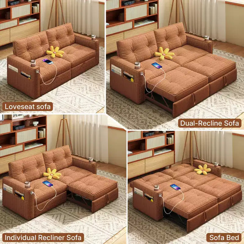 MooxvMoo 73 Canapé-lit convertible Queen Size avec couchage escamotable, poches et port USB, petit canapé 2 places moderne pour salon, orange