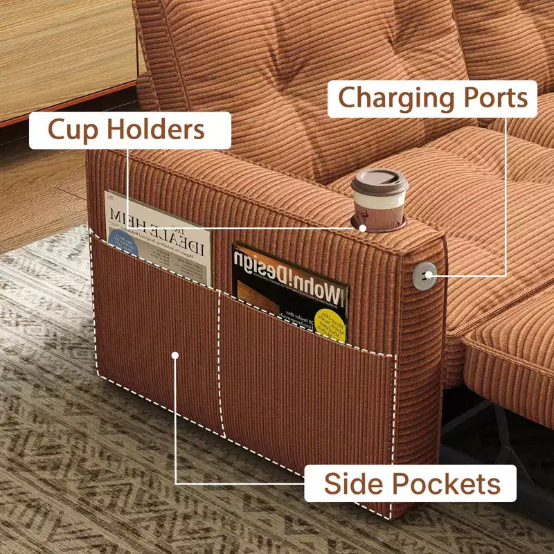 MooxvMoo 73 Canapé-lit convertible Queen Size avec couchage escamotable, poches et port USB, petit canapé 2 places moderne pour salon, orange