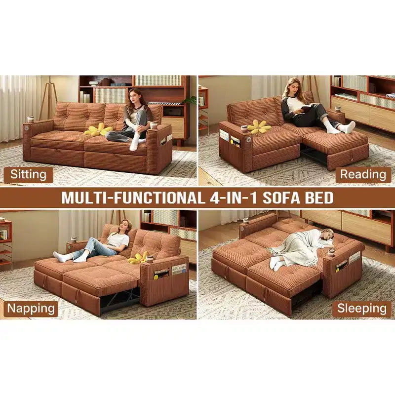 MooxvMoo 73 Canapé-lit convertible Queen Size avec couchage escamotable, poches et port USB, petit canapé 2 places moderne pour salon, orange