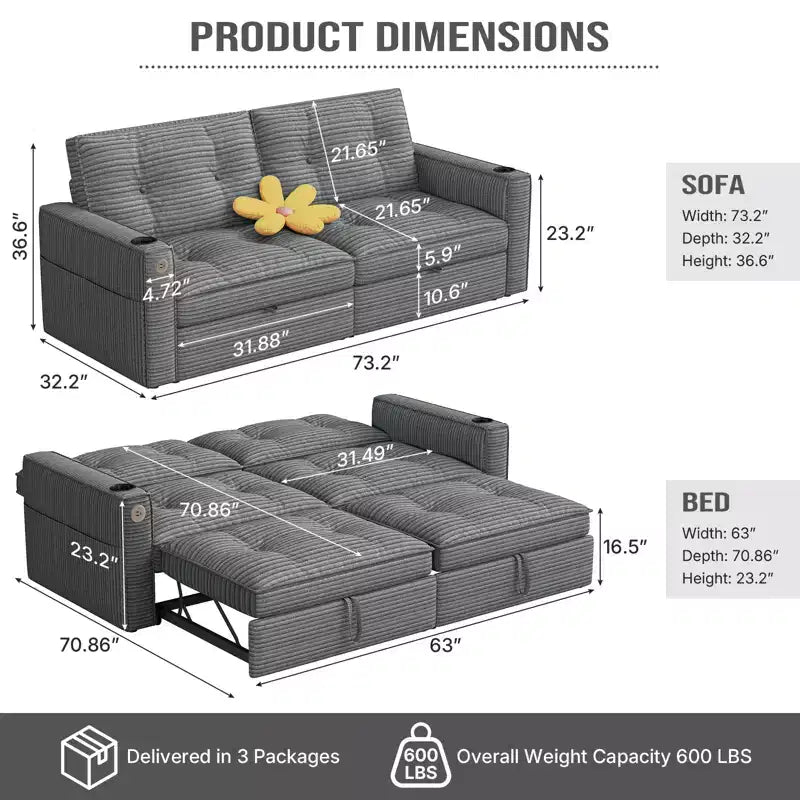 MooxvMoo 73 Canapé-lit convertible Queen Size avec couchage escamotable, poches et USB, petit canapé moderne 2 places pour salon, gris