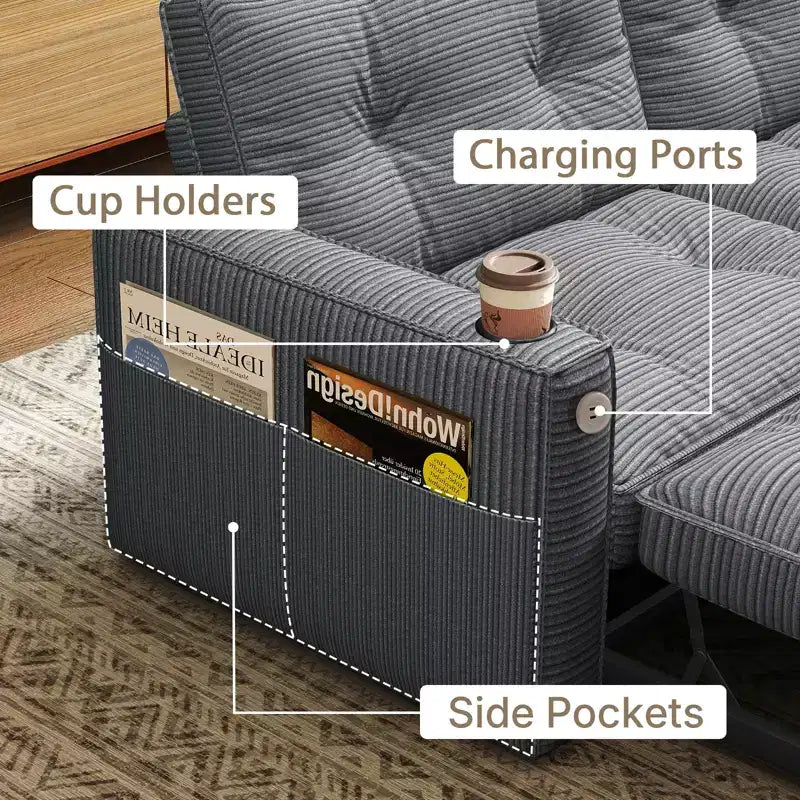 MooxvMoo 73 Canapé-lit convertible Queen Size avec couchage escamotable, poches et USB, petit canapé moderne 2 places pour salon, gris