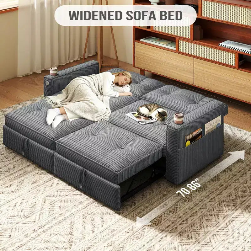 MooxvMoo 73 Canapé-lit convertible Queen Size avec couchage escamotable, poches et USB, petit canapé moderne 2 places pour salon, gris