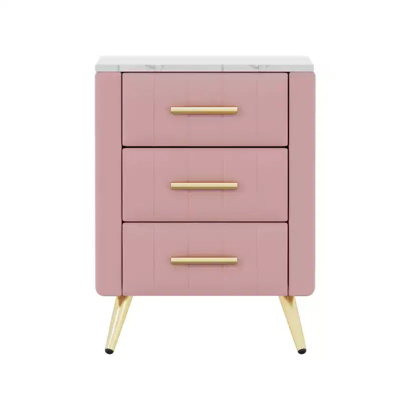 Table de chevet MAYEERTY capitonnée en bois avec 3 tiroirs et pieds et poignées en métal pour chambre, rose