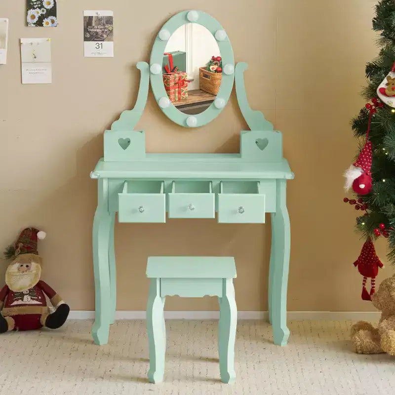 Kids Vanity Set with Mirror, 5 Storage Drawers, Pretend Play Princess Makeup Desk Dressing Table and Stool Set for Little Girls Age 3+, Macaroon Green