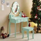 Coiffeuse Enfant avec Miroir, 5 Tiroirs de Rangement, Table de Maquillage Princesse et Tabouret pour Filles de 3 Ans et Plus, Vert Macaron