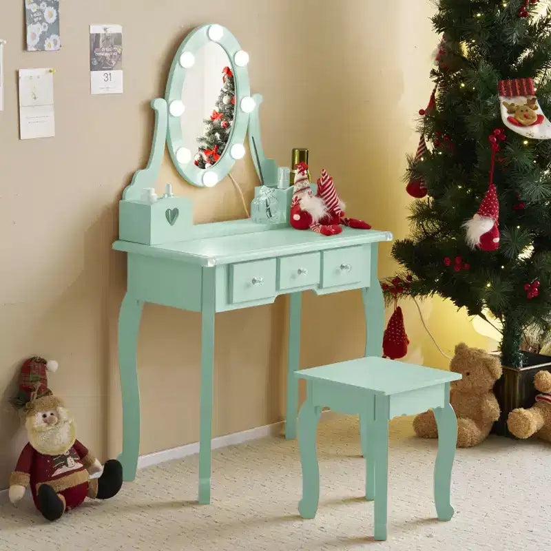 Coiffeuse Enfant avec Miroir, 5 Tiroirs de Rangement, Table de Maquillage Princesse et Tabouret pour Filles de 3 Ans et Plus, Vert Macaron