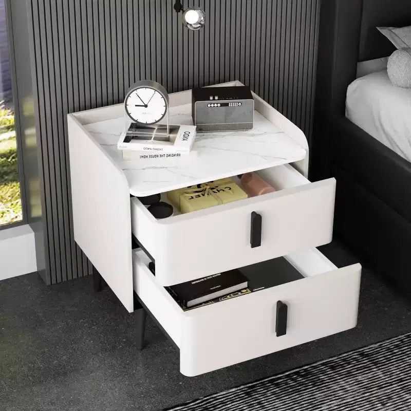 Table de chevet MAYEERTY avec 2 tiroirs, plateau motif marbre, pour chambre à coucher, blanc