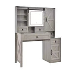 Coiffeuse MAYEERTY avec miroir coulissant, plateau en verre, station de charge, 4 tiroirs, 2 armoires, tabouret pour chambre à coucher Gris