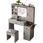 Coiffeuse MAYEERTY avec miroir coulissant, plateau en verre, station de charge, 4 tiroirs, 2 armoires, tabouret pour chambre à coucher Gris
