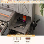 Coiffeuse MAYEERTY avec miroir coulissant, plateau en verre, station de charge, 4 tiroirs, 2 armoires, tabouret pour chambre à coucher Gris