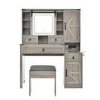 Coiffeuse MAYEERTY avec miroir coulissant, plateau en verre, station de charge, 4 tiroirs, 2 armoires, tabouret pour chambre à coucher Gris