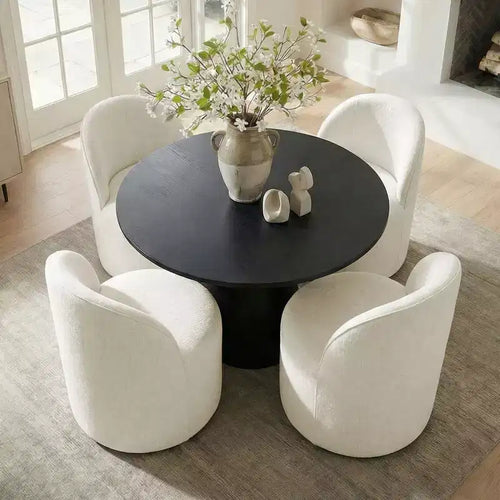 Ensemble de salle à manger 5 pièces pour 4, chaises modernes à roulettes avec revêtement en chenille, table ronde noire à pied central - Panipeachy
