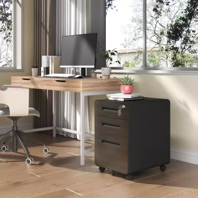 Classeur mobile à 3 tiroirs VIYET 23, en acier laminé à froid noir, verrouillable sous le bureau (5 roues anti-basculement pour dossiers A4/Legal/Letter)
