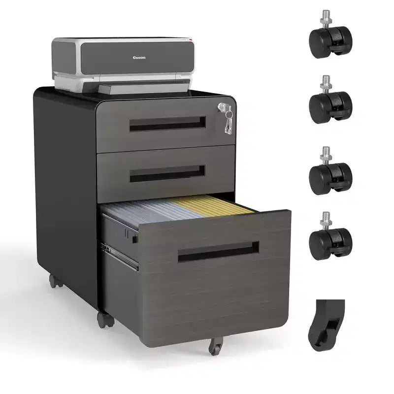 Classeur mobile à 3 tiroirs VIYET 23, en acier laminé à froid noir, verrouillable sous le bureau (5 roues anti-basculement pour dossiers A4/Legal/Letter)