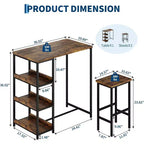 Ensemble de table de cuisine 3 pièces avec étagères de rangement et 2 tabourets de bar - Table à manger en fer et bois pour petits espaces, appartements, copropriétés