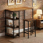 Ensemble de table de cuisine 3 pièces avec étagères de rangement et 2 tabourets de bar - Table à manger en fer et bois pour petits espaces, appartements, copropriétés