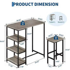 Ensemble de table de cuisine 3 pièces avec étagères de rangement et 2 tabourets de bar - Table à manger en fer et bois pour petits espaces, appartements, copropriétés