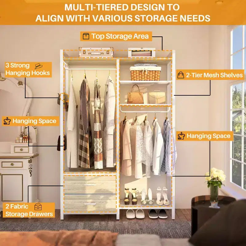 Besiost Porte-vêtements avec tiroirs en tissu, système d'organisation de placard avec tringles de suspension