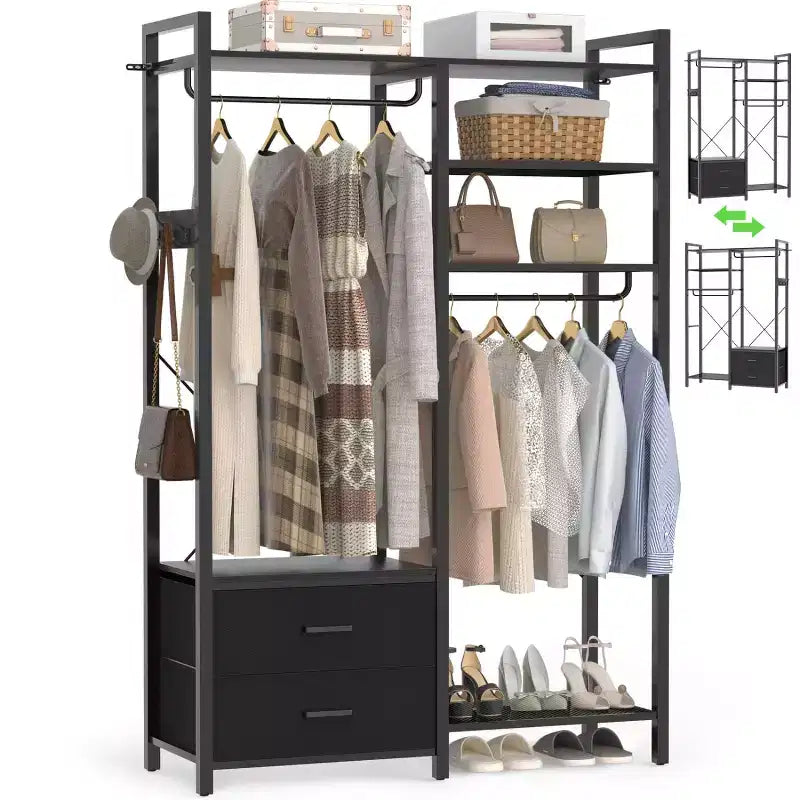 Besiost Porte-vêtements avec tiroirs en tissu, système d'organisation de placard avec tringles de suspension