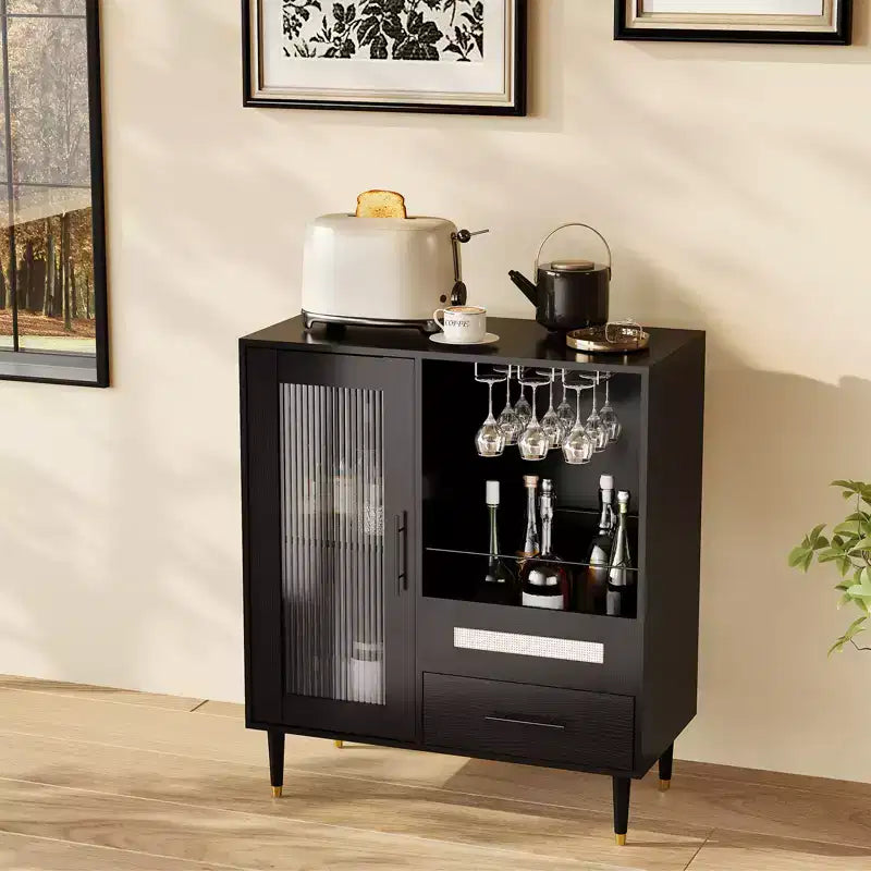 Meuble Bar à Vin Moderne avec Vitrine, Rangement pour Verres à Vin, Tiroirs, Grand Espace de Rangement, Buffet pour Maison, Cuisine, Salle à Manger, Salon