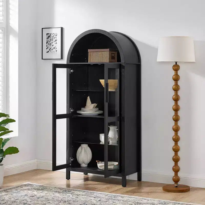 Meuble de rangement arqué VIYET 67 - Lampe LED, MDF noir, séparateurs en verre réglables