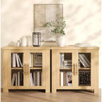Buffet de cuisine 84 cm/150 cm avec portes en verre trempé – Meuble de rangement en bois pour salle à manger et salon