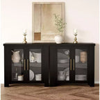 Buffet de cuisine 84 cm/150 cm avec portes en verre trempé – Meuble de rangement en bois pour salle à manger et salon