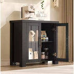 Buffet de cuisine 84 cm/150 cm avec portes en verre trempé – Meuble de rangement en bois pour salle à manger et salon