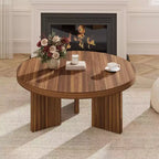 Table Basse Ronde Petite de 33,4 pouces avec Plateau Épais de 1,3 pouce, Table Centrale Circulaire avec Pieds Cannelés, Tables d'Appoint Cocktail pour la Maison, le Bureau