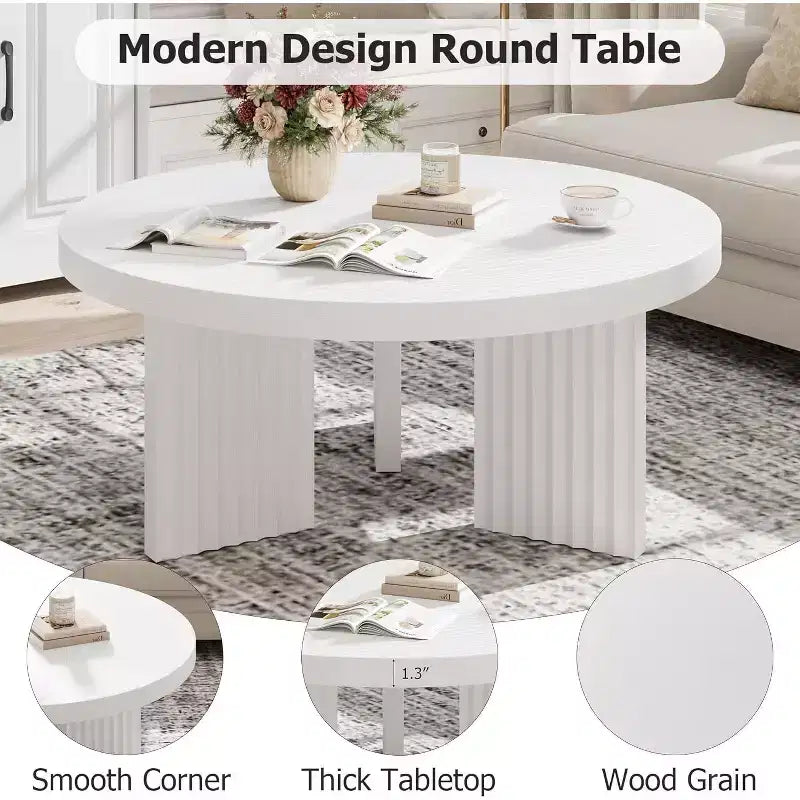 Table Basse Ronde Petite de 33,4 pouces avec Plateau Épais de 1,3 pouce, Table Centrale Circulaire avec Pieds Cannelés, Tables d'Appoint Cocktail pour la Maison, le Bureau