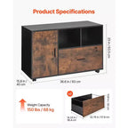 Meuble classeur mobile en bois avec étagères ouvertes, tiroir verrouillable, support d'imprimante roulant, marron rustique