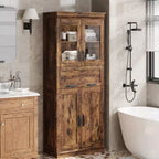 66.9 Large Bathroom Cabinet with 4 Doors, Freestanding Storage Cabinet with Glass Doors, Adjustable Shelves & Drawers for Kitchen Pantry Living Room