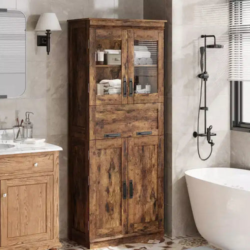 66.9 Large Bathroom Cabinet with 4 Doors, Freestanding Storage Cabinet with Glass Doors, Adjustable Shelves & Drawers for Kitchen Pantry Living Room