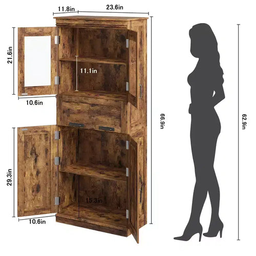 Grand meuble de salle de bain de 170 cm avec 4 portes, armoire de rangement autoportante avec portes vitrées, étagères réglables et tiroirs pour cuisine, cellier, salon