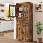 Grand meuble de salle de bain de 170 cm avec 4 portes, armoire de rangement autoportante avec portes vitrées, étagères réglables et tiroirs pour cuisine, cellier, salon