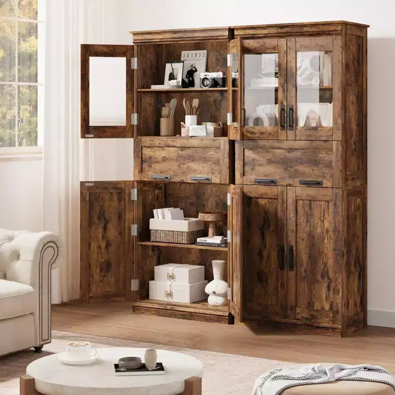 Grand meuble de salle de bain de 170 cm avec 4 portes, armoire de rangement autoportante avec portes vitrées, étagères réglables et tiroirs pour cuisine, cellier, salon