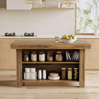 Lantine Table Îlot de Cuisine 140 cm avec Rangement, Table Îlot Fixe en Bois à 3 Niveaux, Table de Bar Moderne avec Étagère de Rangement pour Cuisine, Marron Rustique