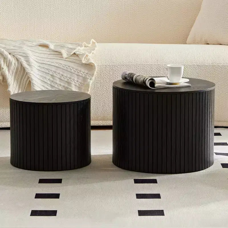VIYET 19/15 VIYET Lot de 2 tables basses gigognes rondes, table d'appoint en MDF noir avec placage bois, table basse gain de place sans assemblage pour salon