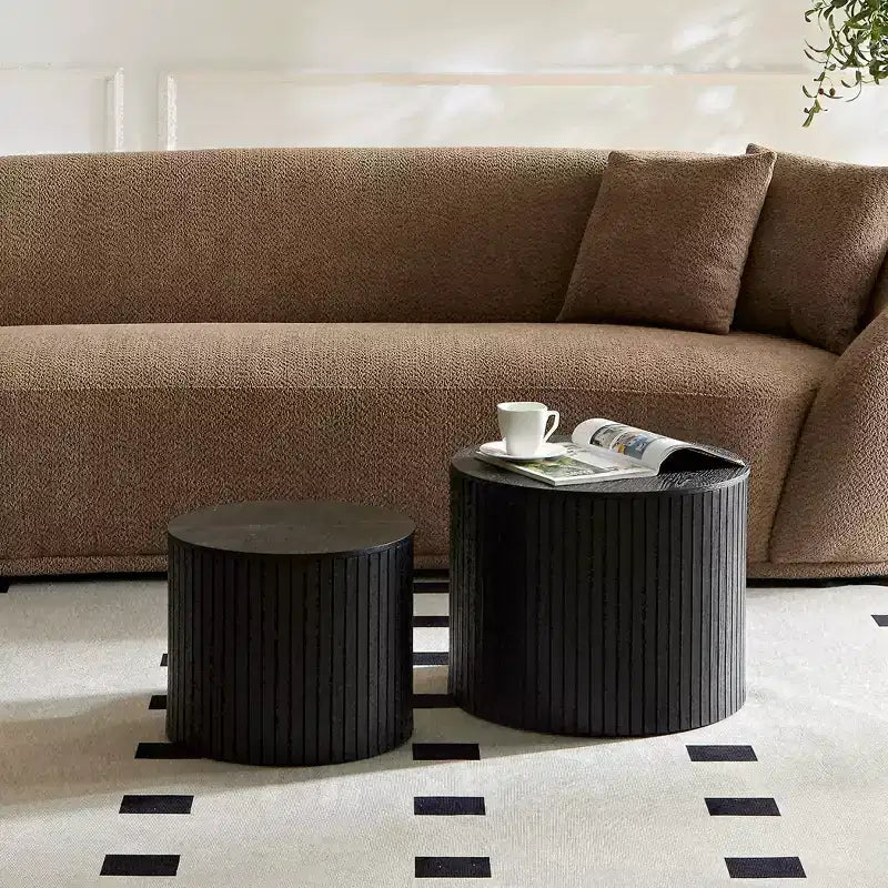 VIYET 19/15 VIYET Lot de 2 tables basses gigognes rondes, table d'appoint en MDF noir avec placage bois, table basse gain de place sans assemblage pour salon