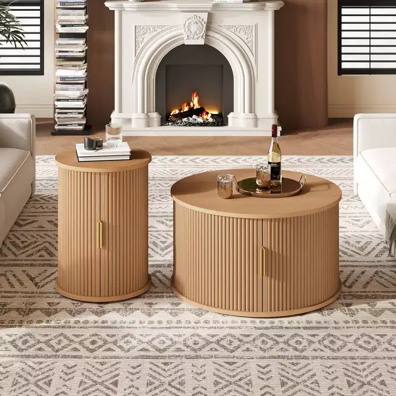 Clihome Table Basse Ronde Mid-Century avec Porte Tambour Coulissante Lot de 2