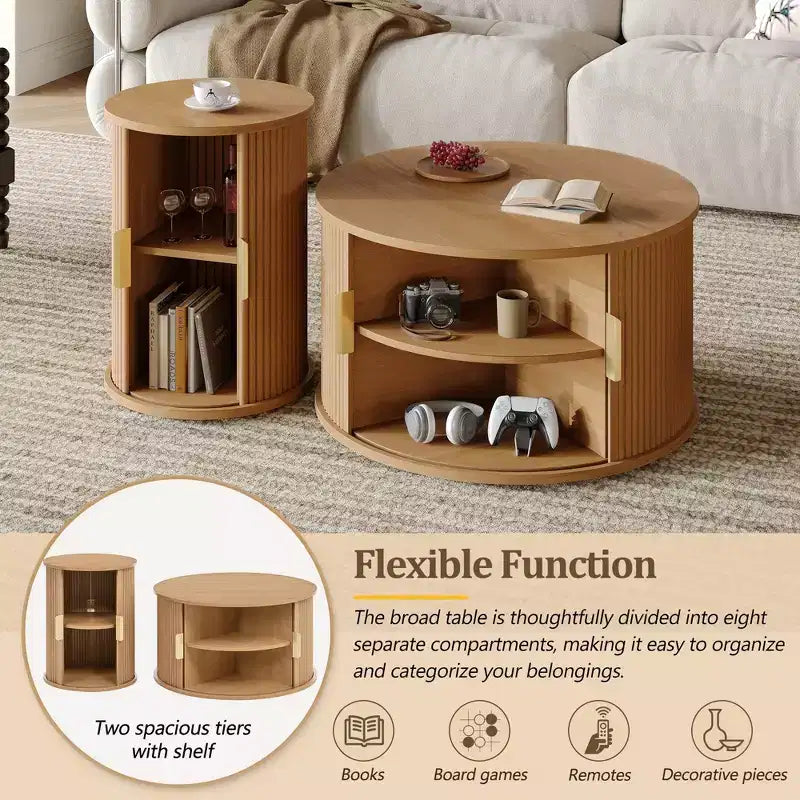 Clihome Table Basse Ronde Mid-Century avec Porte Tambour Coulissante Lot de 2