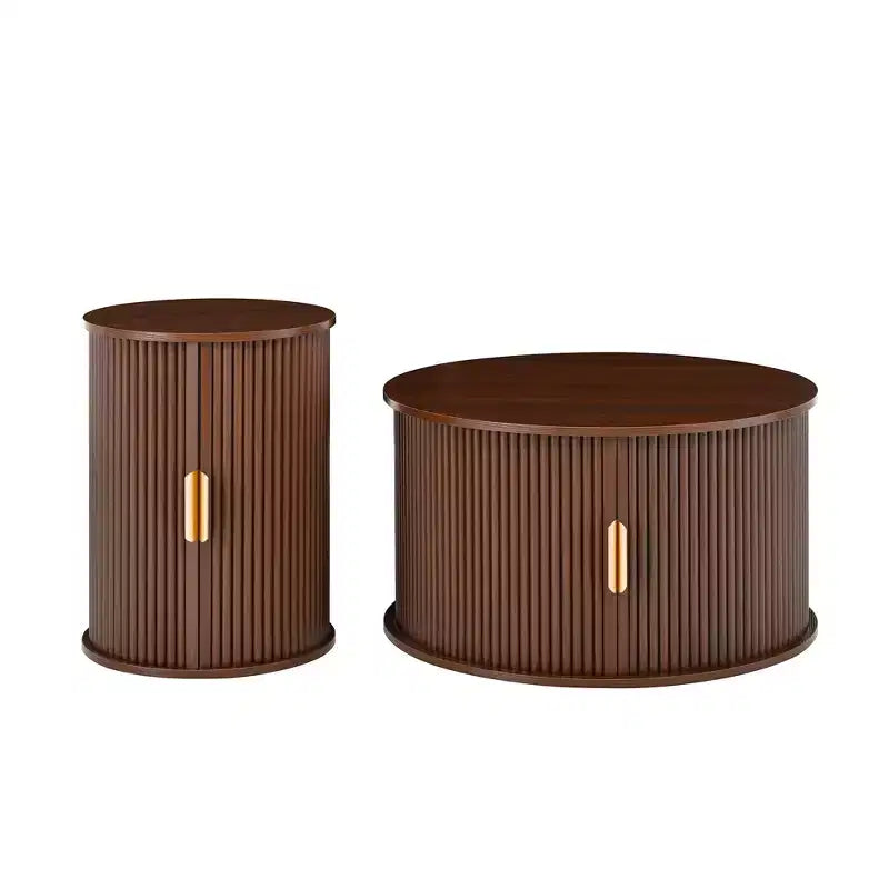 Clihome Table Basse Ronde Mid-Century avec Porte Tambour Coulissante Lot de 2