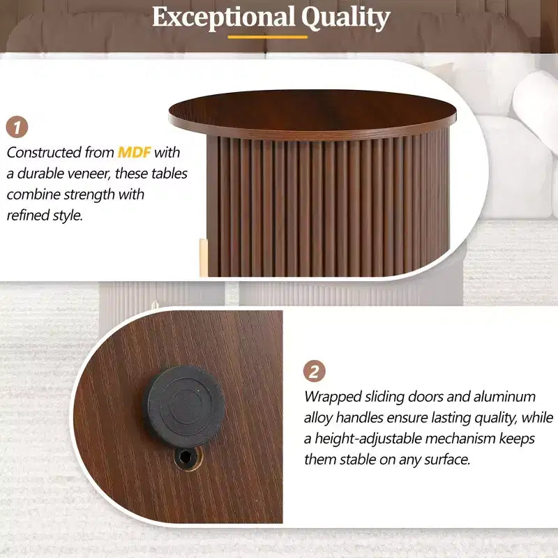 Clihome Table Basse Ronde Mid-Century avec Porte Tambour Coulissante Lot de 2