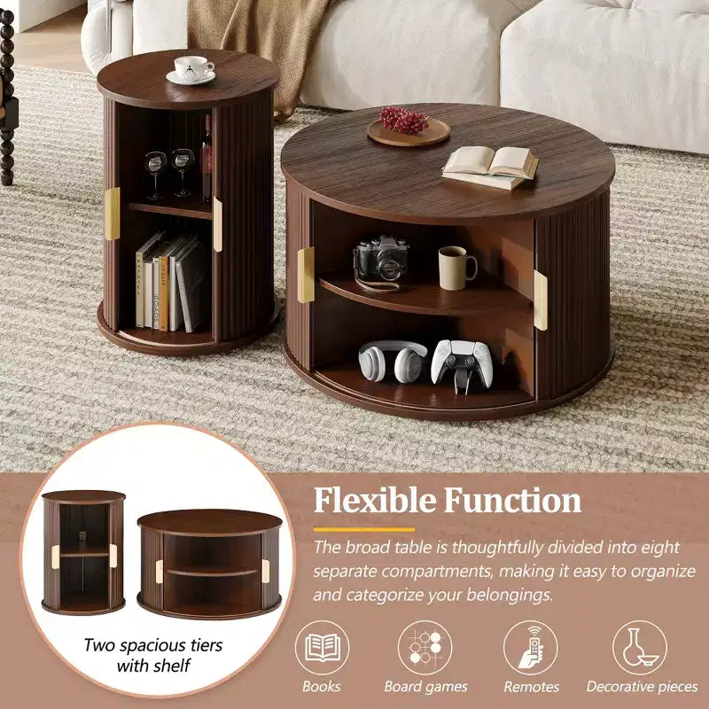 Clihome Table Basse Ronde Mid-Century avec Porte Tambour Coulissante Lot de 2
