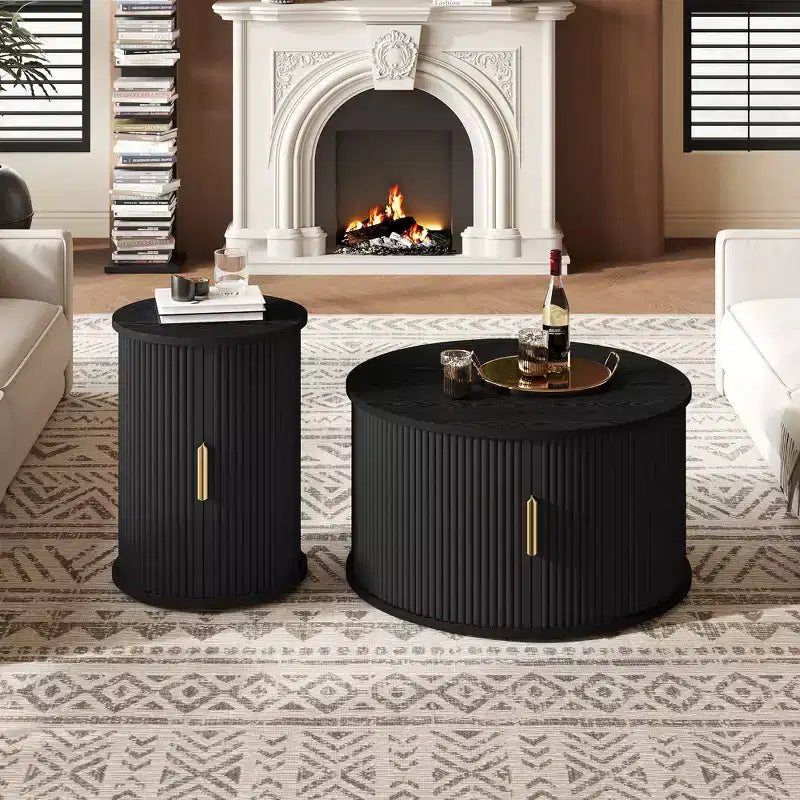 Clihome Table Basse Ronde Mid-Century avec Porte Tambour Coulissante Lot de 2
