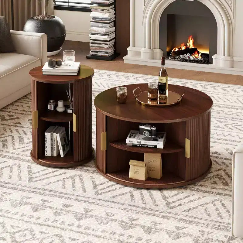 Clihome Table Basse Ronde Mid-Century avec Porte Tambour Coulissante Lot de 2