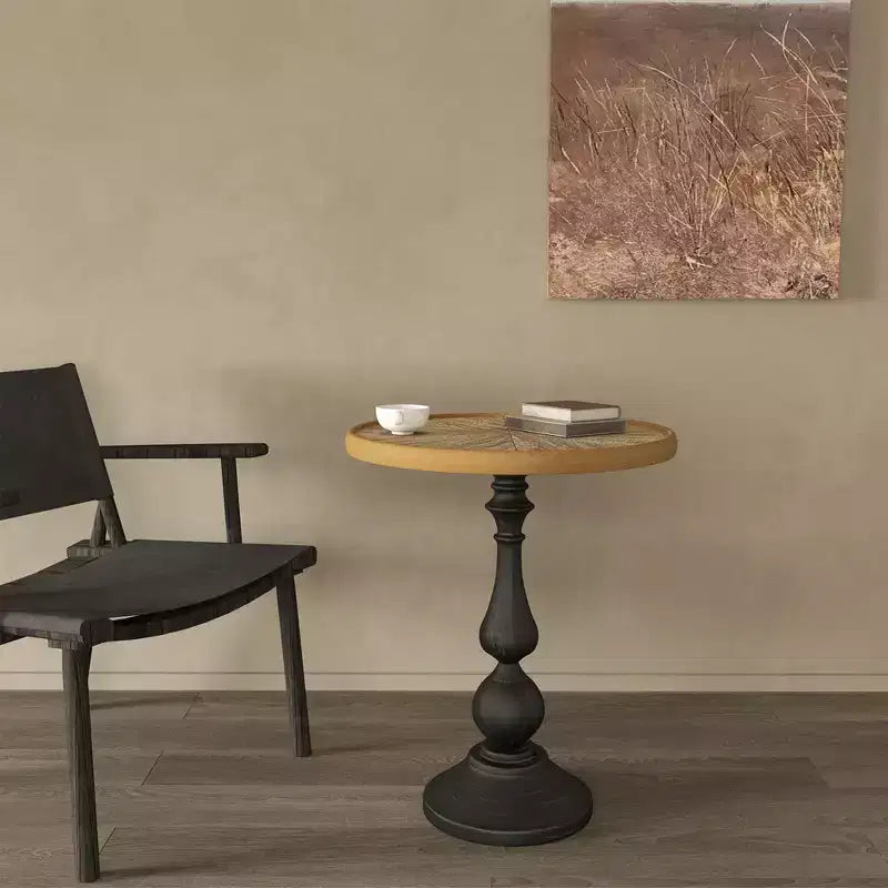 Table d'appoint ronde rétro en bois VIYET 23 – Piètement en métal style campagne française, bois naturel