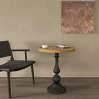 Table d'appoint ronde rétro en bois VIYET 23 – Piètement en métal style campagne française, bois naturel