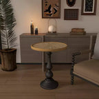 Table d'appoint ronde rétro en bois VIYET 23 – Piètement en métal style campagne française, bois naturel